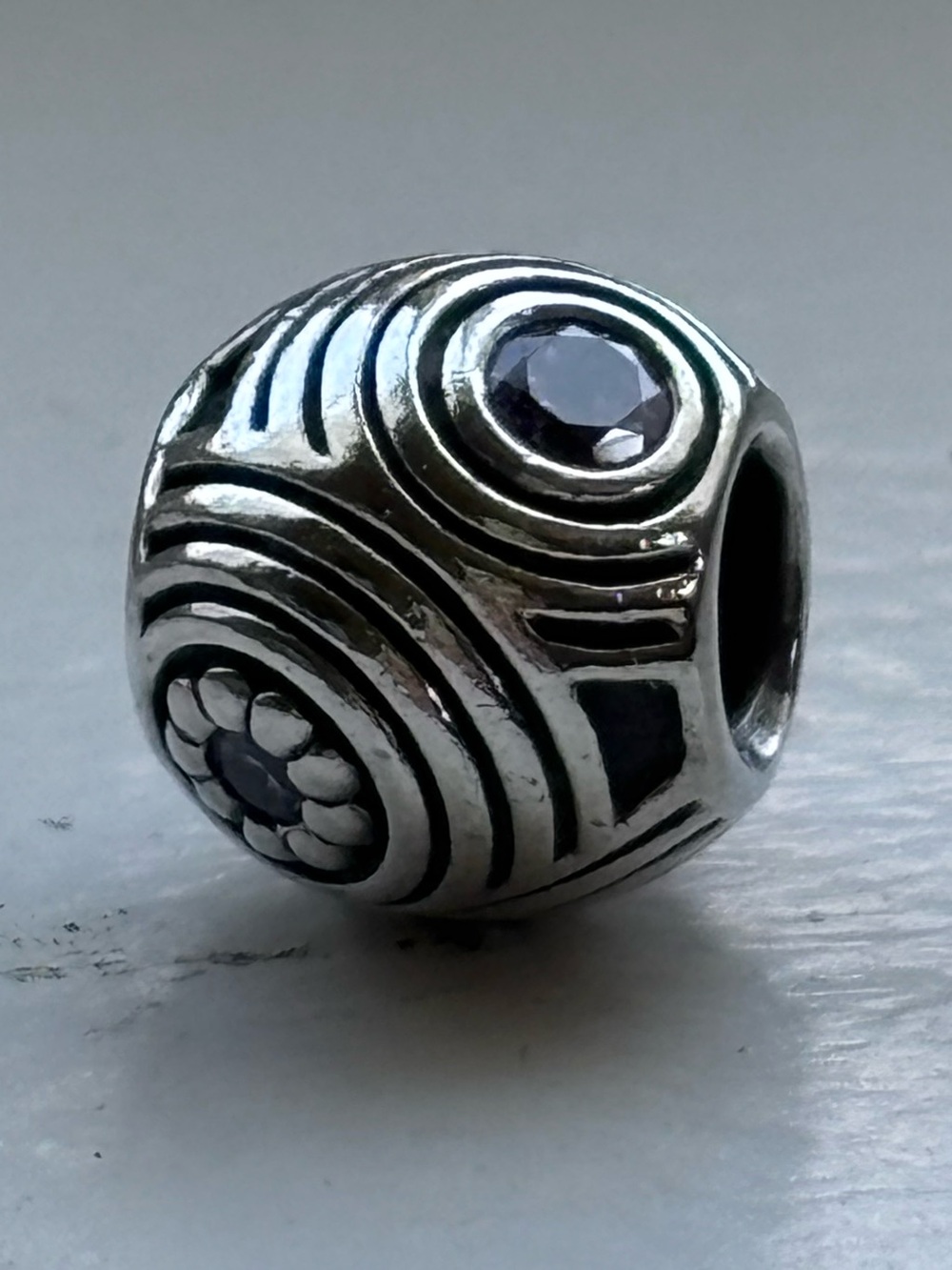 Retired Pandora Hypnotic Sterling Silver Charm/Bead with Amethyst CZ